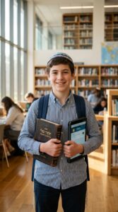 תלמיד ישיבה מחייך חובש כיפה בספרייה, מחזיק ספר תלמוד בבלי וטאבלט דיגיטלי